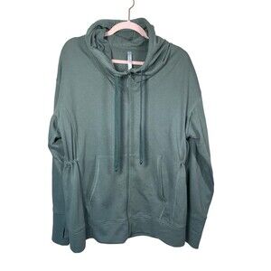 Fabletics Hoodie Womens Size Med‎ Green Full Zip Up Long Sweatshirt Jacket Cowl